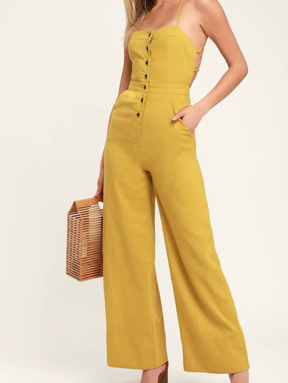 Lulu's Mustard Yellow Spaghetti-Strap Wide-Leg Jumpsuit